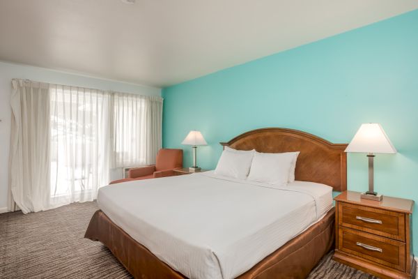 A hotel room features a large bed, two nightstands with lamps, a chair, and a window with white curtains against a turquoise wall.