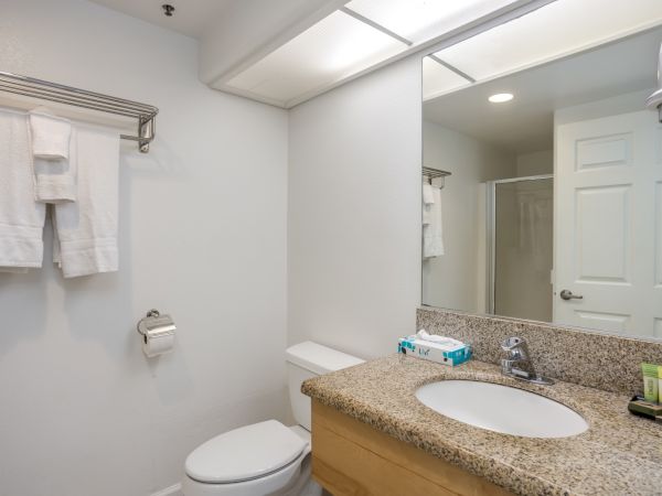 A clean bathroom with a granite countertop, sink, toilet, towel rack, and toiletries on the counter.