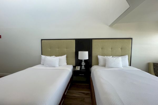 The image shows a hotel room with two neatly made beds, a lamp, and a small bedside table between them.