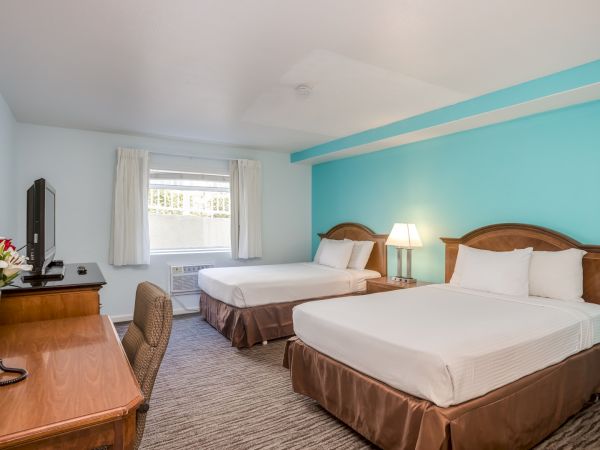 A hotel room with two beds, a TV, a desk with a chair, and a window. The walls are light blue, and there's a lamp between the beds.