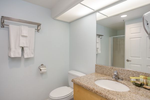 A clean bathroom features a granite countertop, sink, toilet, towels, and toiletries with a large mirror and overhead lighting.