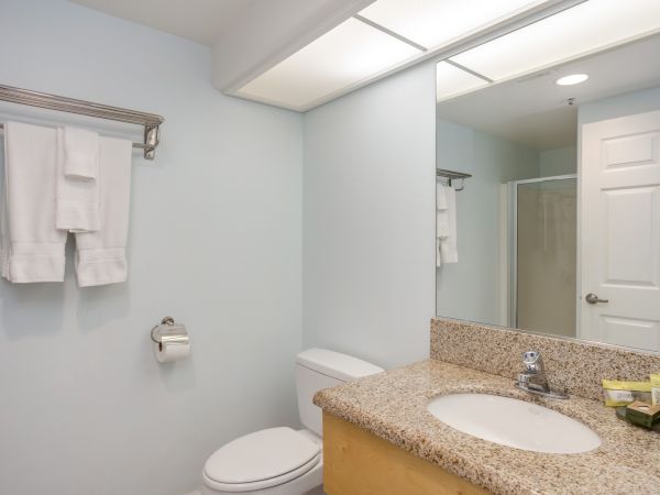 A clean bathroom features a granite countertop, sink, toilet, towels, and toiletries with a large mirror and overhead lighting.