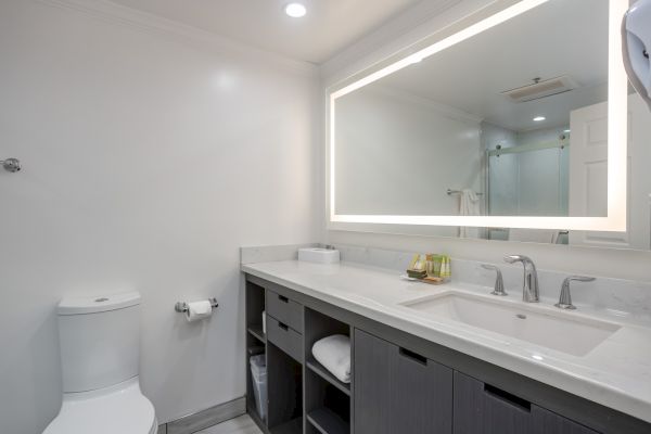 A modern bathroom with a toilet, large mirror, double sink, and shower. Clean design with storage space and soft lighting.