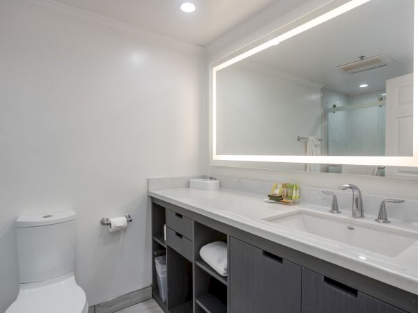 A modern bathroom with a toilet, large mirror, double sink, and shower. Clean design with storage space and soft lighting.
