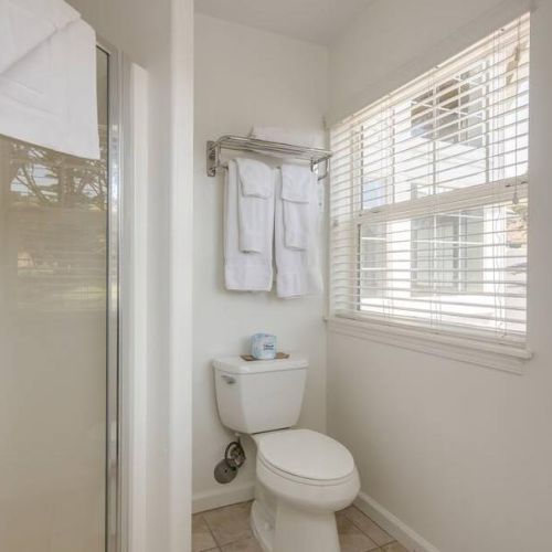 The image shows a bathroom with a toilet, a shower, and a towel rack. There's natural light coming through the blinds on the window.